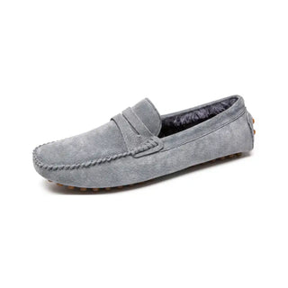 Mocassins gris en cuir suédé avec fourrure pour homme et pour l'hiver