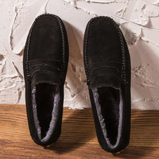 Mocassins noirs en cuir suédé avec fourrure pour homme et pour l'hiver